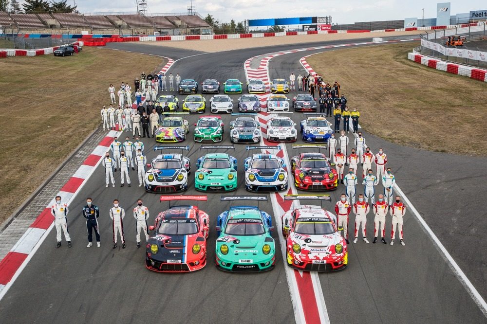 photo of The different Porsche race-cars at the start grid of the 2020 Nürburgring 24 Hours. image