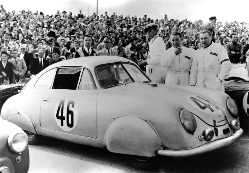 Edmond Mouche & Auguste Veuillet and the 1st in class Porsche 356 Gmund SL at the 1951 Le Mans 24H
